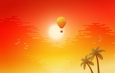 sea sunrise landscape vector illustration palm trees balloon