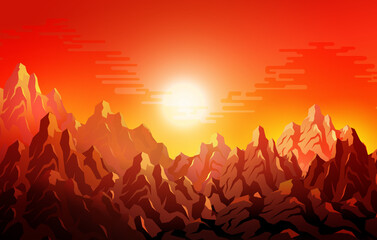 paysage de montagnes rocheuses vector illustration coucher de soleil rouge