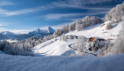 Panorama view of Watzmann in winter, Berchtesgaden, Bavaria, Germany