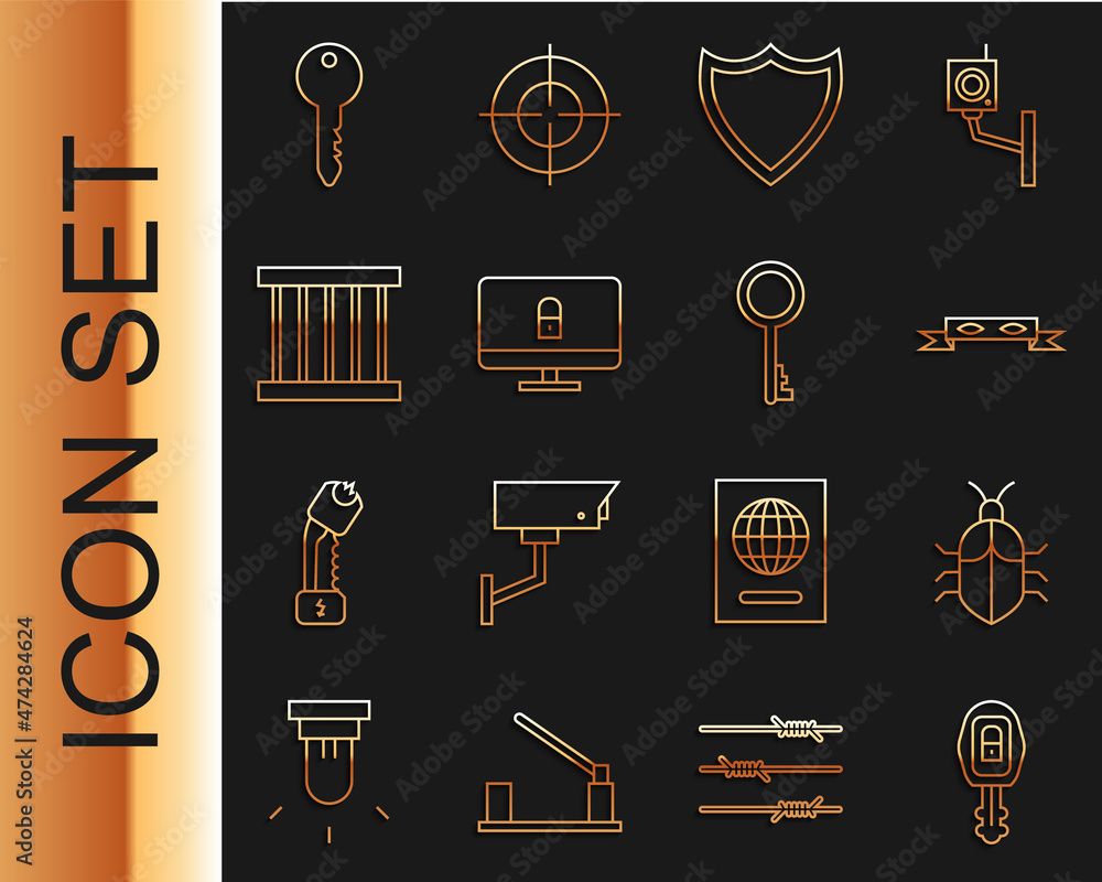 Poster set line car key with remote, system bug concept, thief eye mask, shield, lock computer monitor, pri