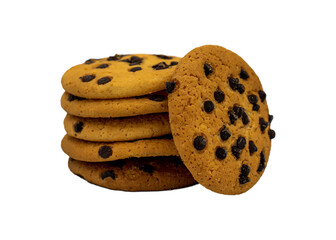 Extreme close-up image of chocolate chips cookies isolated on white background
