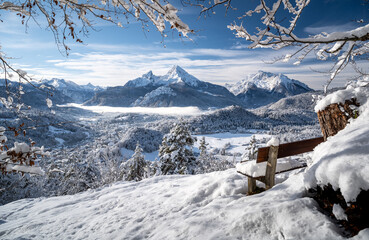 Viewpoint over the snow-covered Berchtesgaden, winter landscape in the Alps, Berchtesgaden,...