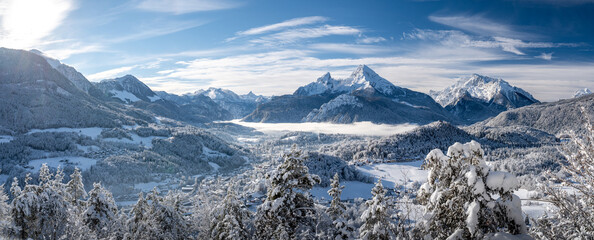 Panorama view of a winter landscape in the Alps, Berchtesgaden, Bavaria, Germany