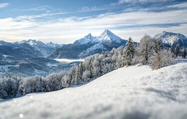 Idylic winter landscape, Watzmann, Berchtesgaden, Bavaria, Germany