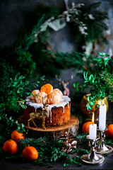 Christmas panettone on a Christmas rustic background