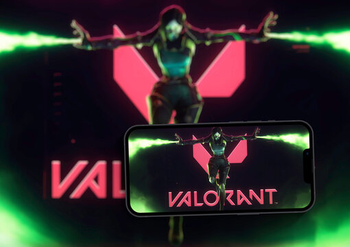 Valorant mobile game app on iPhone 13 Pro smartphone screen with the game blurred on background. Rio de Janeiro, RJ, Brazil. December 2021