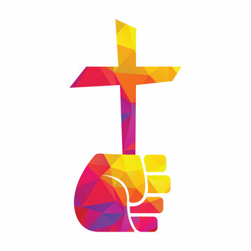 Hand hold Christ cross logo. Holy cross hold in hand concept design.