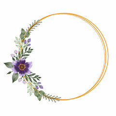 gold frame with purple flower bouquet for wedding card