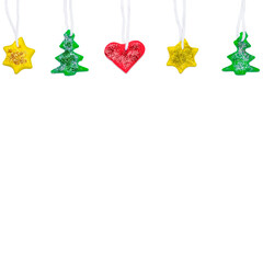 Naklejka na ściany i meble Garland with DIY Christmas tree, star and heart made from red, yellow and green Plasticine. Christmas or New Year banner with copy space. Plasticine craft concept.