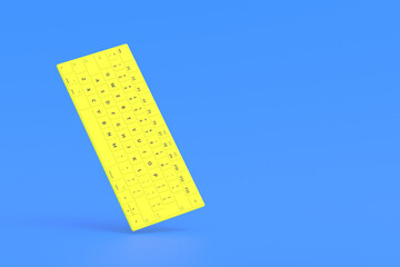Office work. Workplace. Internet access. Data protection. Online education. Receiving the information. Distance work. Modern yellow keyboard on blue background. Copy space. 3d render