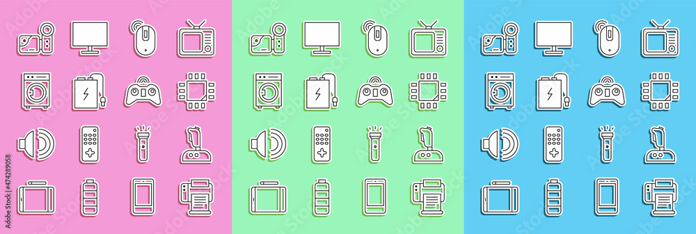 Poster set line printer, joystick for arcade machine, processor with microcircuits cpu, wireless computer m
