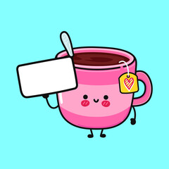 Cute funny cup of coffee with poster. Vector hand drawn cartoon kawaii character illustration icon. Isolated on blue background. Cup of coffee think concept