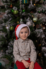 little cute boy on the background of the christmas tree