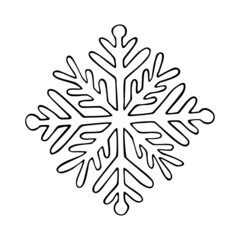 Thin line doodle snowflake. Ice crystal hand drawn. Vector of frosty pattern. Winter snow ornament. Christmas illustration isolated on white background.