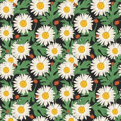 Vector seamless pattern. Creative floral print with chamomile flowers, leaves in a hand-drawn style on a dark background. Ideal spring, summer template for apparel, textile design.