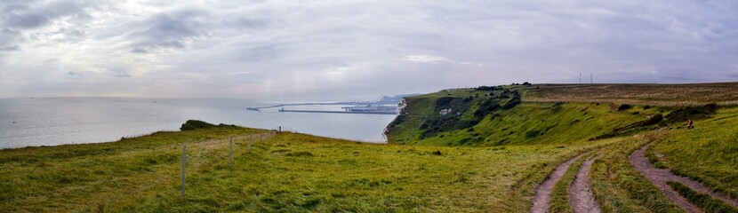 White Cliffs of Dover. Close up detailed landscape view of the cliffs from the walking path by the...
