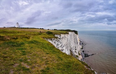White Cliffs of Dover. Close up detailed landscape view of the cliffs from the walking path by the...