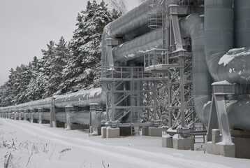 pipeline in the forest in winter. in the photo, the pipeline against the background of a winter forest and white snow