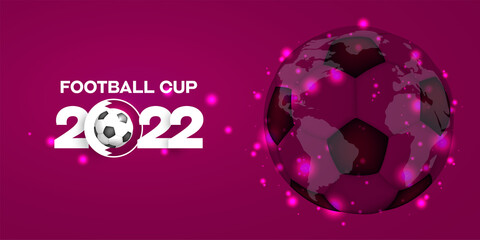 Realistic 3d soccer ball and round sticker Qatar flag colors. Sport poster, banner, flyer modern design. Concept font football 2022  background. Vector illustration