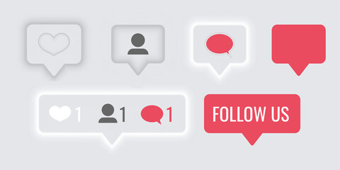 Set of social media notification icon - like, follower, comment, follow us button isolated on white background.  Computer web site and mobile app Neomorphic 3d design. Vector illustration