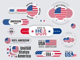 Neomorphic 3d mock up USA flag buttons set. Made in United States of America neomorphism trendy concept design element, logo, icon, sign, symbol. American made premium quality. Vector illustration