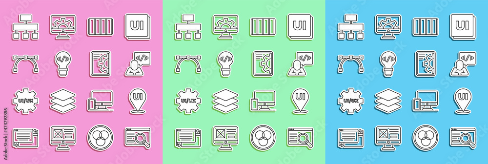 Poster set line ui or ux design, front end development, color palette guide, bezier curve, site map and web
