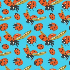 Obraz na płótnie Canvas Ladybugs vector seamless pattern for decoration, packaging, textiles. Flat design, hand-drawn cartoon.