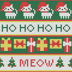 Traditional Christmas knitted ornamental pattern. New Year background with festive cats, gifts, and text - 474293416