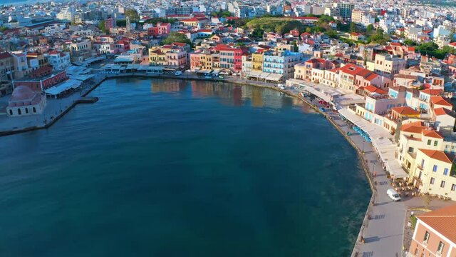 Chania Crete old town harbor aerial view. Travel to Greece background