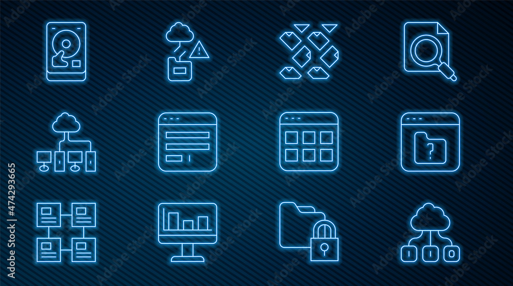 Poster set line cloud technology data transfer, file missing, data stream, browser window, computer network