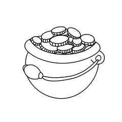 Cartoon Cauldron with money. Pot with gold coin for Patricks day. Print for cards, banners, posters, decor, design. Vector illustration in doodle style isolated on background.