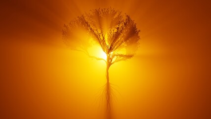 Silhouette of growing tree in a shape of a human brain. Sun rays shining through the tree. Eco Concept.
