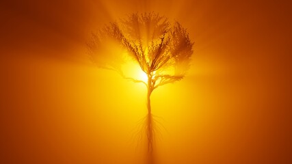 Silhouette of growing tree in a shape of a human brain. Sun rays shining through the tree. Eco Concept.