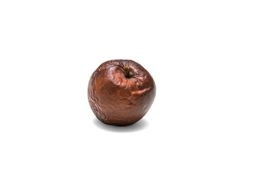 Rotten apple in the center on a white background, an isolated object