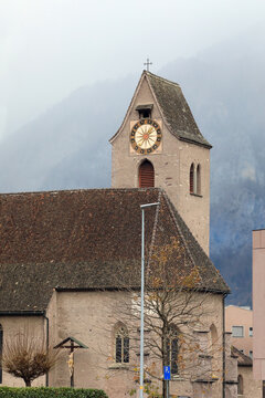 Old church of St. Justus in the fall. Municipality of Flums, canton of St. Gallen, Glarus Alps region, Switzerland, Europe.