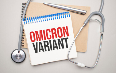White notepad with the words omicron variant and a stethoscope on a blue background. Medical concept