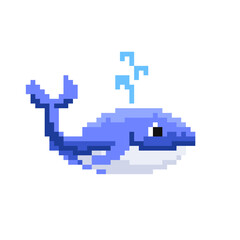 Pixel art drawing with cute blue whale. Vector illustration
