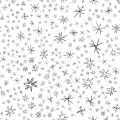 Hand Drawn Snowflakes Christmas Seamless Pattern. Subtle Flying Snow Flakes on chalk snowflakes Background. Amusing chalk handdrawn snow overlay. Excellent holiday season decoration.