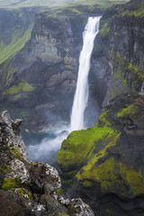 Gorge with Granni waterfall. Waterfall in a narrow gorge in the Thjorsardalur valley in Iceland