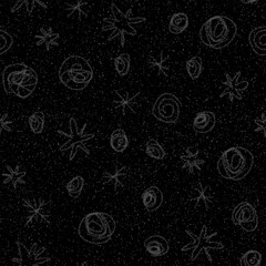 Hand Drawn Snowflakes Christmas Seamless Pattern. Subtle Flying Snow Flakes on chalk snowflakes Background. Awesome chalk handdrawn snow overlay. Beauteous holiday season decoration.