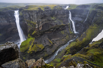 Haifoss, Iceland second highest waterfall and Granni waterfall in background fallen into deep...