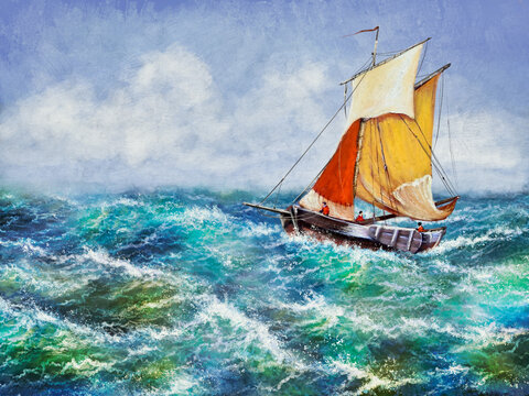 Fine art. Sea landscape paintings, fisherman, sailing boat on the sea