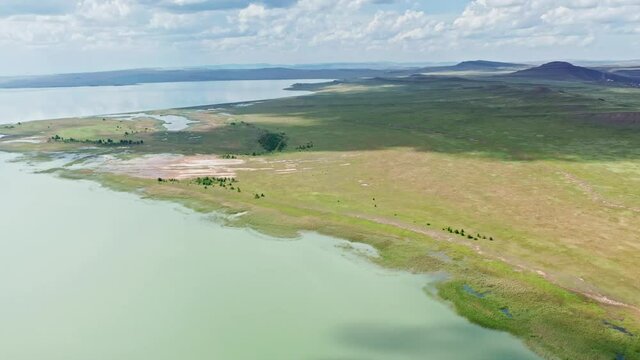 Lakes Shira and Bele expanses of Siberia, forests of Russia, aerial view, drone, Khakassia, Russia