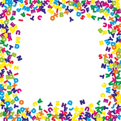 Falling letters of English language. Colorful flying words of Latin alphabet. Foreign languages study concept. Comely back to school banner on white background.