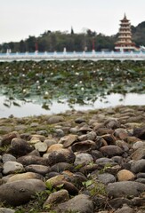 Pebbles and stones at the bank of a river with a majestic pagoda in the background