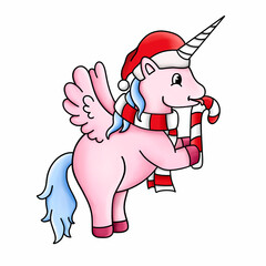 Cute Cartoon Unicorn in a Santa hat. Unicorn with Christmas candy. Christmas illustration. Cute postcard.