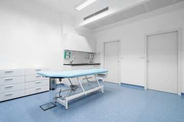 Clean and comfortable room in the hospital with examination table. Doctor's office. Doctor's room close up. Hospital check-ins.