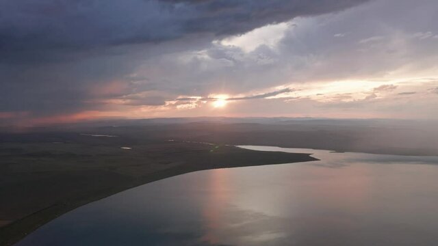 Beautiful sunsets over lakes Shira and Bele, Lake Khakassi, Aerial view, drone, Russia