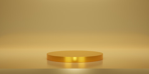 Shiny gold round pedestal or podium  with studio  backdrops. Beige or cream Blank display or clean room for showing product. Minimalist mockup for podium display or showcase. 3D rendering.