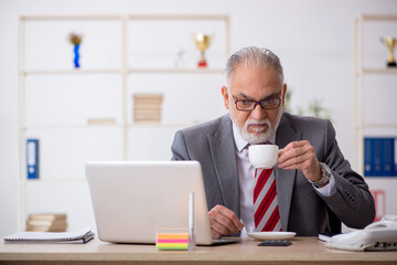 Fototapeta premium Old male employee drinking coffee during break